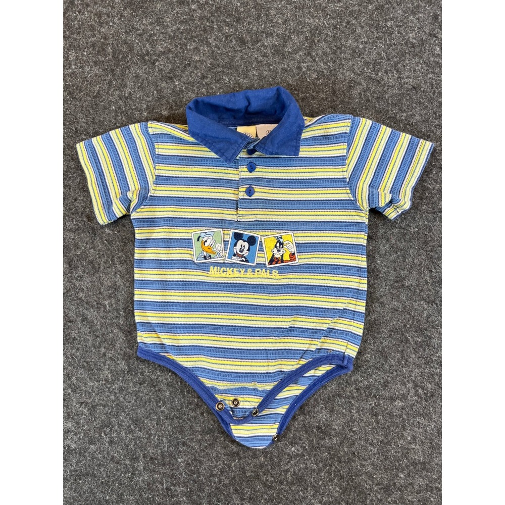 VINTAGE Mickey & Pals Disney Bodysuit Baby 24 Months Blue Yellow Striped Polo